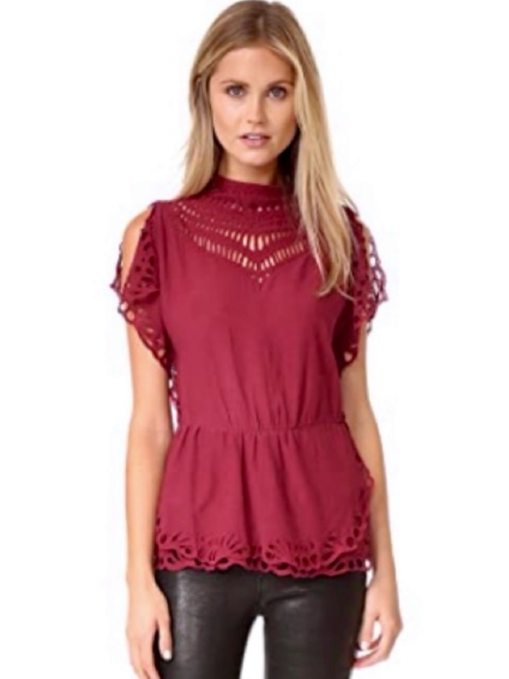 IRO Laser Cut Embroidered Peplum Top - Wine